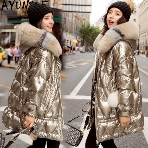 AYUNSUE Womens Winter Down Jacket Long Thick Woman Parkas Female Coat Fox Fur Collar Coat Bright Colors Womens Clothing 2020