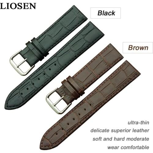 LIOSEN Watchbands Ultra-thin Genuine Leather Buckle Strap 18 20 22 24mm Men and Women Watch Band Black Brown