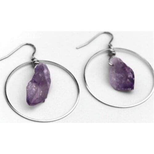 Purple crystal Hoop Earrings Raw Crystal natural stone Silver colour Modern Boho Minimalist Circle 2020 new fashion women gift