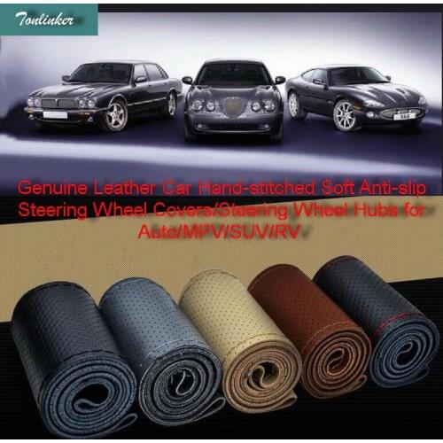 Tonlinker 1 Pcs 38cm DIY Genuine Leather Car Hand-stitched Soft Anti-slip Steering Wheel Covers Hubs for Auto/MPV/SUV/RV