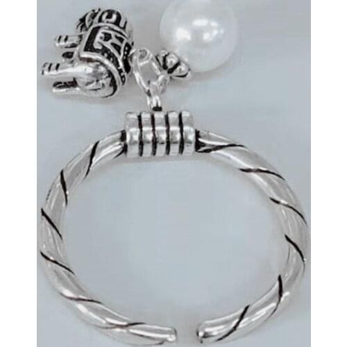U90E Personality Vintage Elephant Pearl Pendant Rings Women Adjustable Open Rings Wedding Party Jewelry