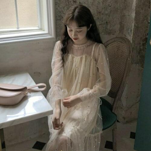 Spring and Summer New Sweet Mesh Dress Female Students Korean Style Loose Sequins Lace-up Bow Midi Dress