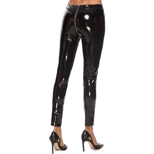 S-4XL Plus Size Women PVC Wetlook Zipper Open Crotch Leggings Shiny Fitness Legging Femme Trousers Streetwear Sexy Pencil Pants