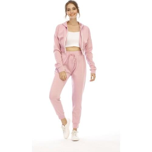 New Autumn Solid Color Two Pieces Running Sets Women Sportswear Hooded Coats Crop Tops+Lace-up Joggers Sweatpants Female Suits