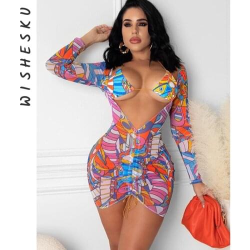 Women Printed Sheer Mesh Drawstring Bodycon Mini Dress with Bra Cut Out Fashion Sexy Deep V Neck Long Sleeve Club Party Outfits