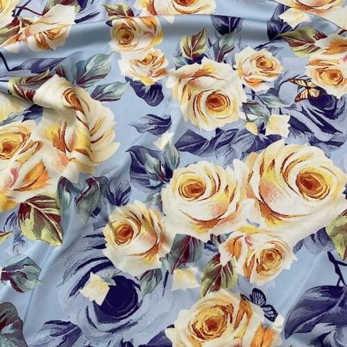 145cm Width Fashion Yellow Rose Printed Imitate Silk Satin Fabric For Woman Dress Blouse Pajamas Sleepwear DIY Cloth Sewing