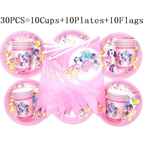 30Pcs/60Pcs Hot Cartoon Theme My Little Pony Paper Cups Birthday Party Plates Flags Decoration Pony Party Supplies Favors Show