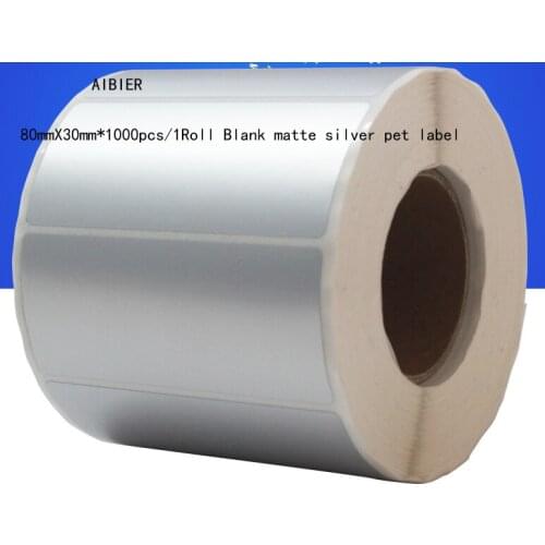 AIBIER Matte silver waterproof paper 80*30mm 1000pcs/1Roll thermal transfer blank PET barcode Labels adhesive printed sticker