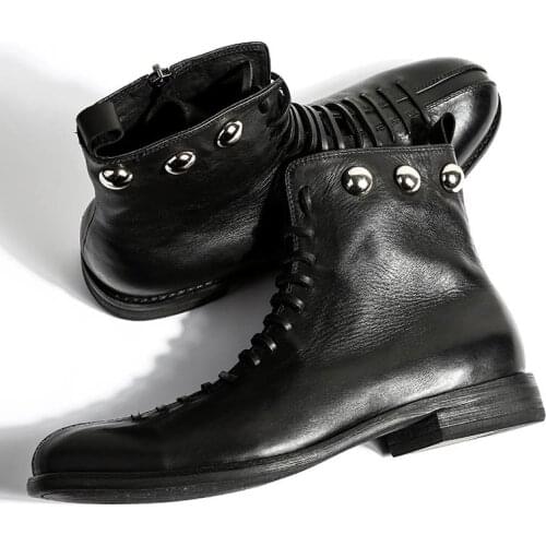 England Style Mens Genuine Leather Cow Low Heel Matin Boots Winter Retro Motorcycle Boots Male Ankle Shoes Lacets Chaussures
