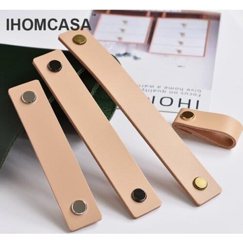 IHOMCASA Khaki Cowhide Knobs Door Handle Furniture Drawer Cupboard Wardrobe Cabinet Pulls Genuine Leather Handles Nordic Style