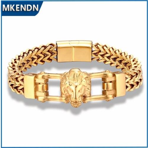 MKENDN Punk Vikings Wolf Gold Plated Bracelet Charm Bracelet Mens Stainless Steel Mesh Chain Gold Lion HipHop Biker Jewelry