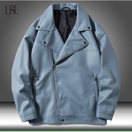 Men Winter Casual Motorcycl Leather Jacket Loose Coat Man Autumn Fashion Biker Faux Outwear Male Turn Down Collar Windbreaker