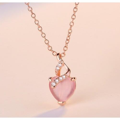 925 New Pendant Necklace Imitation Hibiscus Stone Heart-shaped Pink Crystal Clavicle Chain Rose Gold For Women Jewelry Wholesale