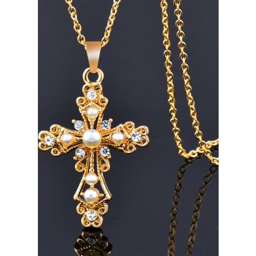 KIOOZOL Silver Color Cross Neck Pendant Pearl Micro Inlaid Rhinestone Gold Silver Color Choker Necklace For Women Gifts 283 KO2