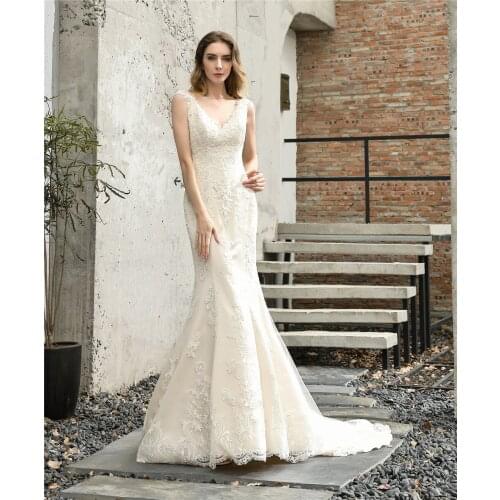 45398 V-neck front Split wedding dresses Back buttons Champagne lining full sleeces Royal applique brush Train Bridal Dress