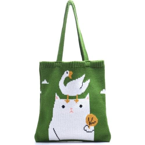 Teenager Knitted Soft Cartoon Cat Top-handle Tote Bag Female Student Japanese Korean High Street Crochet Soft Shopper Handbag
