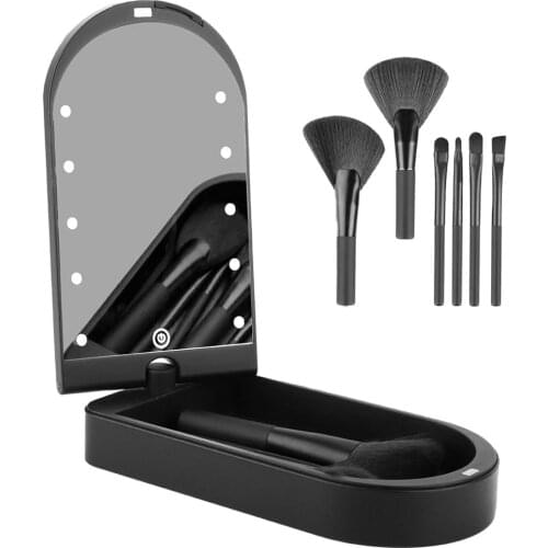 Portable Folding Makeup Mirror Box w/ LED Light, with 6 Makeup Brushes and Storage Box, 360°Rotation Gifts for Women