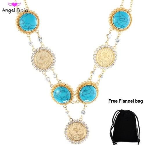 Dubai Luxury Female Gold Coin Pendant Crystal Long Necklace Muslim Fashion Jewelry Party Wedding Holiday Gift Wholesale