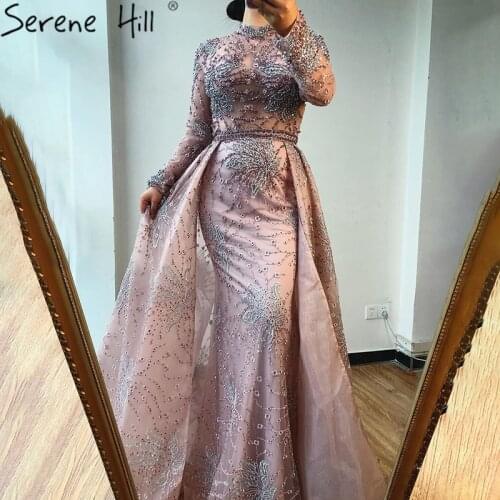 Pink Crystal Beadings Evening Dress With Trian 2020 Latest High Neck Long Sleeves Formal Party Wear Gown BLA70582 Serene Hill