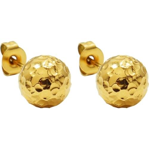INS Style Plated 18K Gold Stainless Steel Personalized Hammer Texture Round Small Ball Stud Earring For Women Girls Jewelry Gift