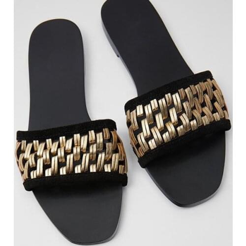Vintage golden Weaving Slippers Women Open Toe Flat heel Slipper Sandals Summer Pu Casual Flats Shoes Zapatos Muje