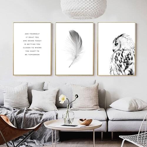 Nordic Black White Poster Owl Canvas Painting Feather Wall Art Print Quote Modern Picture For Living Room On The Wall Home Decor