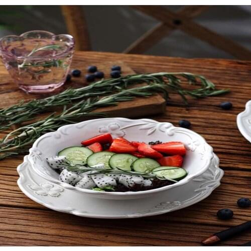 French Retro Ceramic Western Plate White Creative Relief Engraved Steak Dishes Household Rice Bowl Dish Tea And Cake Plates