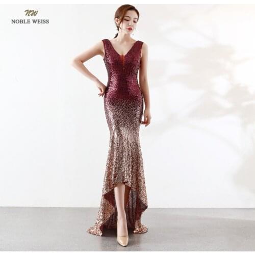 Evening dresses sexy v-neck mermaid colorful sequin hi-lo women formal dress floor length bare back in stock evening gown
