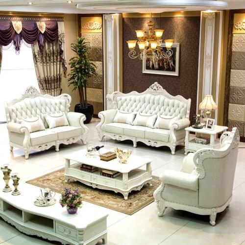 European Style Villa Sofa Small Apartment First Layer Leather 1+2+3 Cowhide Combination Ivory White Furniture