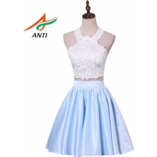 ANTI High Quality Blue Two Pieces Junior High Graduation Dresses 2018 White And Blue Crystal Homecoming Dress Short Party Dress