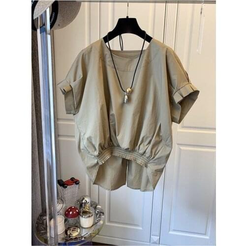 Solid Chiffon Back Bow Women Blouse Summer New 2021 O-Neck Short-Sleeved Loose Elegant Lady Pulls Tops Tees