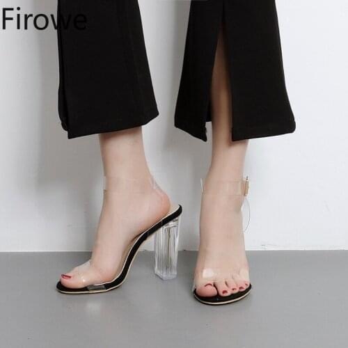 Firowe Women Transparent Clear Chunky Heel Ankle Buckle Sandals open toe shoes tacon cuadrado size 42