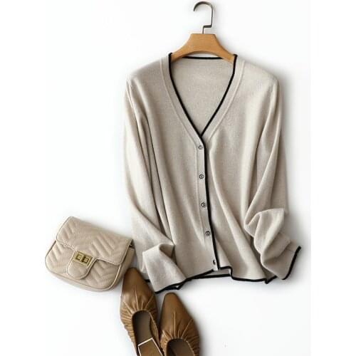High quality autumn winter new styles 100% cashmere contrast cardigan coat women knitted fashion v neck outerwear warm tops
