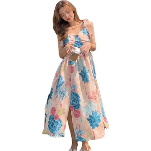 Floral Printed Sling Dress Women 2021 Summer New French Vintage Temperament High Waist Slim Mid-length Dresses Female LR1430
