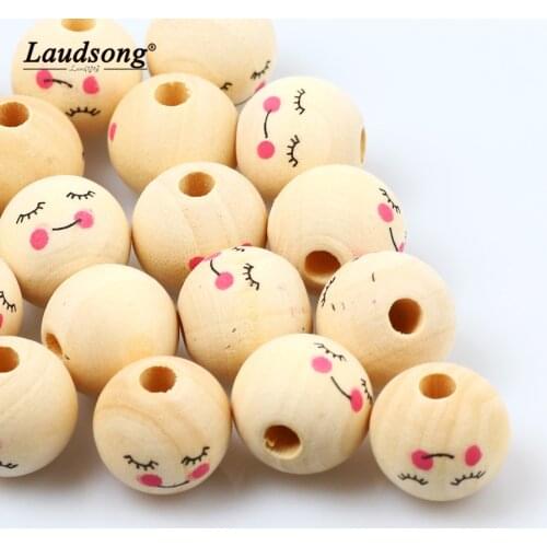 10PCS 16MM Natural Wood Smiley Face Pattern Round Beads For Bracelet Necklace Spacer Beads DIY Jewelry Making Beads