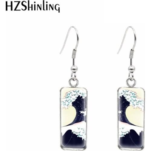2020 New Fashion Blue Ocean Sea Wall Pattern Rectangle Fish Hook Earrings Glass Cabochon Summer Sweet Ear Jewelry