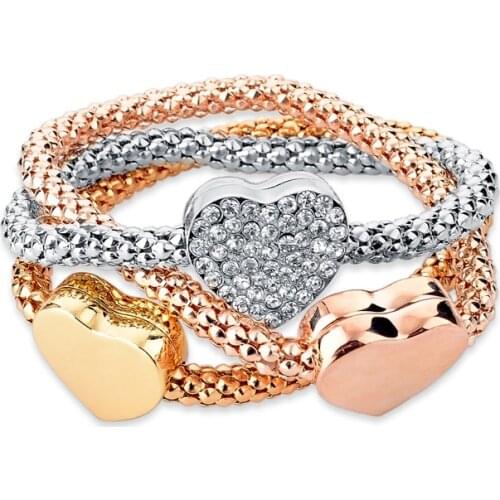 3PCSElastic Charm Bracelets For Women Fashion Silver Heart Pendant Bracelets Bangles Vintage GoldPlated Chain Jewelry SBR150177