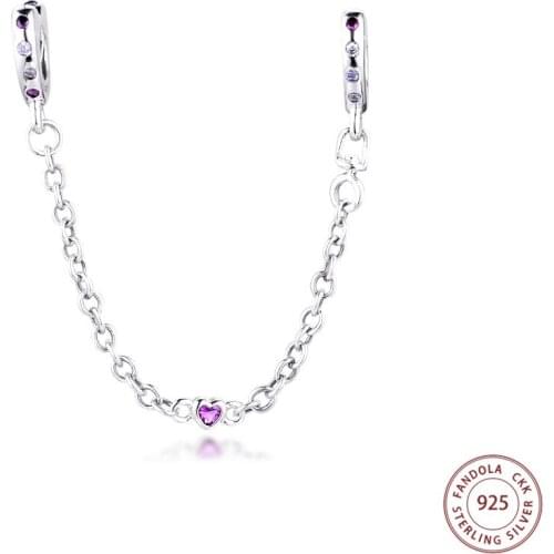 Authentic 925 Sterling Silver Bright Hearts Safety Chain Charm Beads Fits Women Bracelet DIY Charms Silver 925 Jewelry