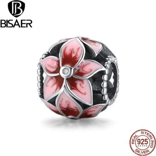 BISAER Blooming Flowers Beads 925 Sterling Silver Red Petals Charm Zircon Pendant Fit Bracelet Necklace Jewelry ECC1707
