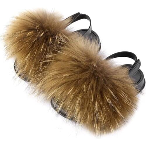 Kid Summer Real Fur Slides Outdoor Fluffy Slippers Children Furry Beach Sandals Kids Fashion Fur Flip Flops Girl Plush Sliders