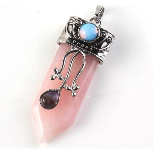 FYJS Unique Silver Plated Flower Sword Shape Natural Rose Pink Quartz Pendant Elegant Women Jewelry