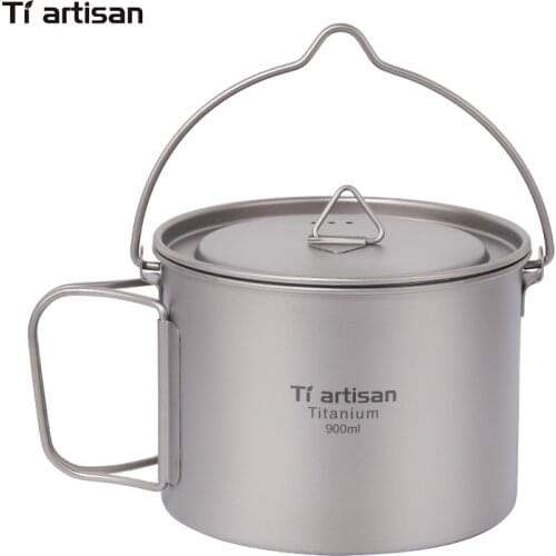 Tiartisan 900ml Pure Titanium Pot with bail handle Outdoor Camping Ultralight Picnic Cookware with Cover