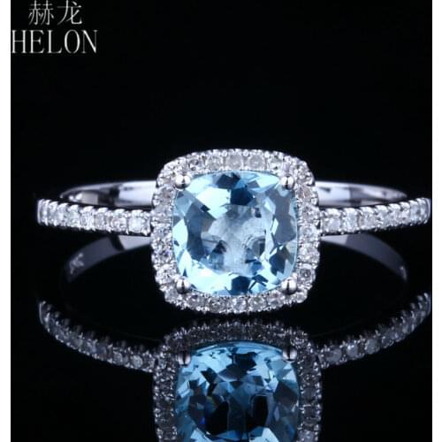 HELON Solid 14k White Gold Flawless Cushion 6MM Blue Topaz & Diamonds Engagement Wedding Ring For Women Trendy Fine Jewelry Gift