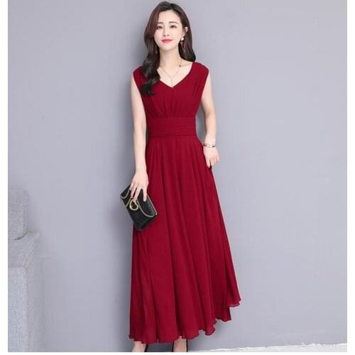 Summer Dress Vestido Sleeveless V-neck Long A-line Chiffon Beach Dress Women Sukienki Robe Plus Size 3259