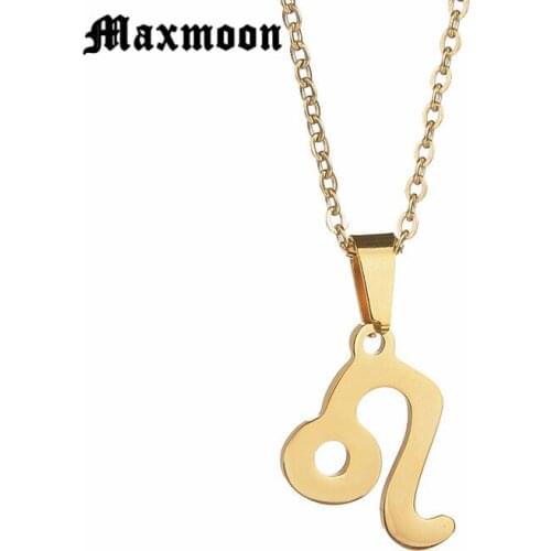 Maxmoon Hot Sale 12 Constellations Stainless Steel Zodiac Sign Pendant Necklace Leo Name Necklace For Birthday Gift Bijoux