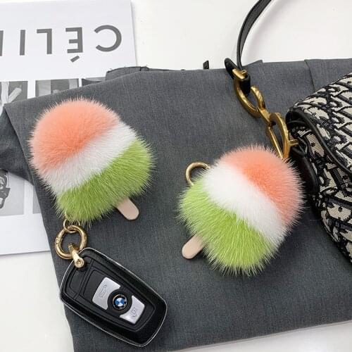 Real Mink fur Ice cream keychain Women Bag Charm Car Pendant Phone keyrings Gift Outdoor bag ornaments