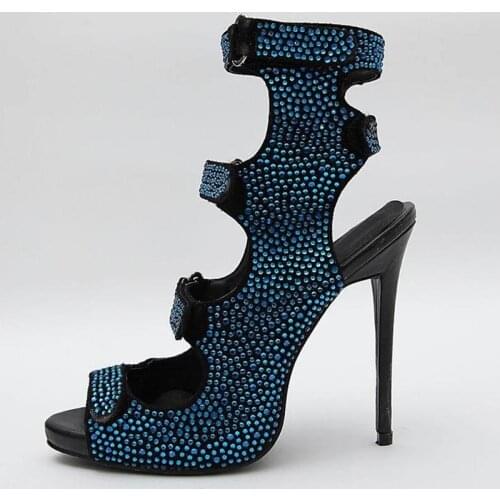 2018 Newest Modern Blue Exquisite Rhinestone Gladiator Sandals Sexy Cut-Outs Design Peep Toe High-Heeled Short Sandal Boot