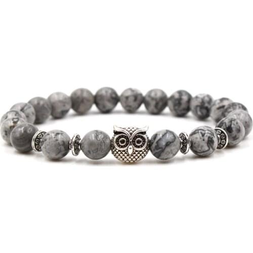 Charm 8mm Picture stone Beads Bracelet Trendy Zinc alloy owl Leopard head Bracelets bangle for Women&Men charm gift DIY Jewelry