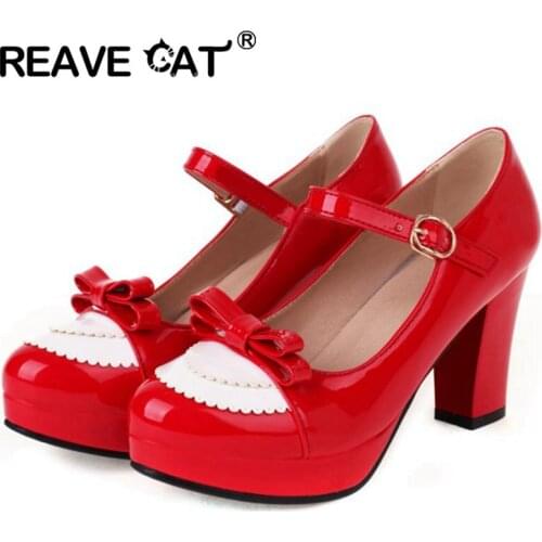 REAVE CAT 2021 Spring Bowtie Cute Pumps Mary Jane Round Toe PU Buckle Strap Sweet 9cm Block Heels Big Size 33-46 A4087 Red Green