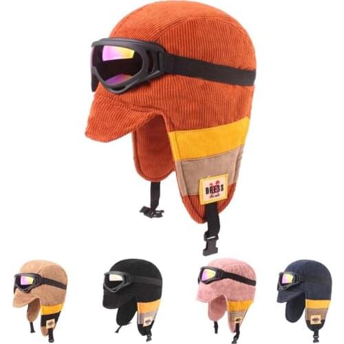HanXi Cool Warm Winter Bomber Hat with Glasses Women Men Velvet Beanie Unisex Pilot Skullies